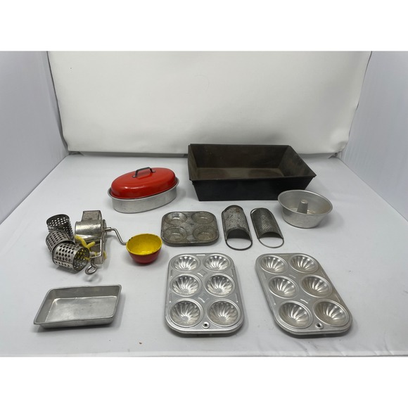 Other - Vintage Toy Kitchenware Lot – Mid Century Metal & Enamel Play Cooking Tools Pans